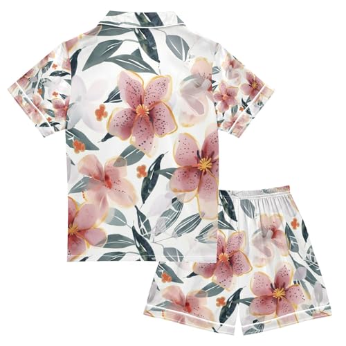 senya Botanical Flowers and Leaves Satin Summer Pajama Sets Silk Short Sleeve Button Down Sleepwear2