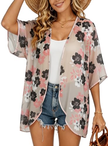 Image of FINOCEANS Womens Floral Chiffon Kimono Cardigans Loose Beach Cover Up Half Sleeve Tops