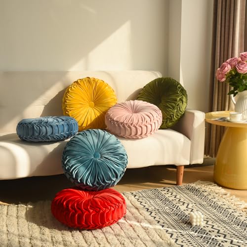 Image of HIG Set of 2 Teal Ruched Velvet Round Throw Pillows - 14.5'' Decorative Pillows with Soft Polyester Filling for Couch, Bed, Living Room, Bedroom, or Dorm - Handmade, Stress Relieving, All-Season