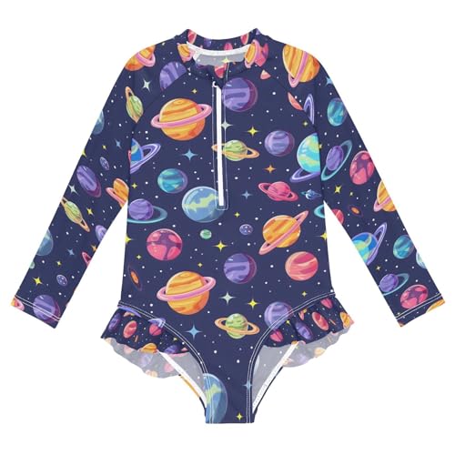 ALAZA Cosmic Star Planet Solar System Girls One Piece Swimsuit Long Sleeve Rash Guard Swimsuits UV 50+ Swimwear Zipper