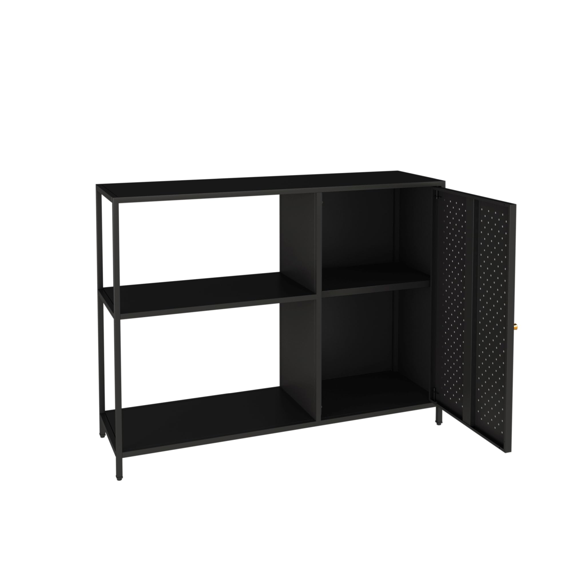 [en.casa] Tavolo a Consolle Mobile Stretto in Metallo con Ripiani e Anta Traforata Mobile da Ingresso Corridoio Soggiorno 75 x 100 x 30 cm Nero