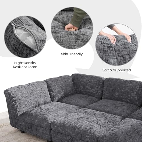Image of Oversized Modular Sectional Chenille Sofa Bed with Hidden Storage, Comfy Modern 10 Seater Deep Seat Couch, Modular Sectional with Ottoman and Removable Cover for Living Room, Apartment, Gray