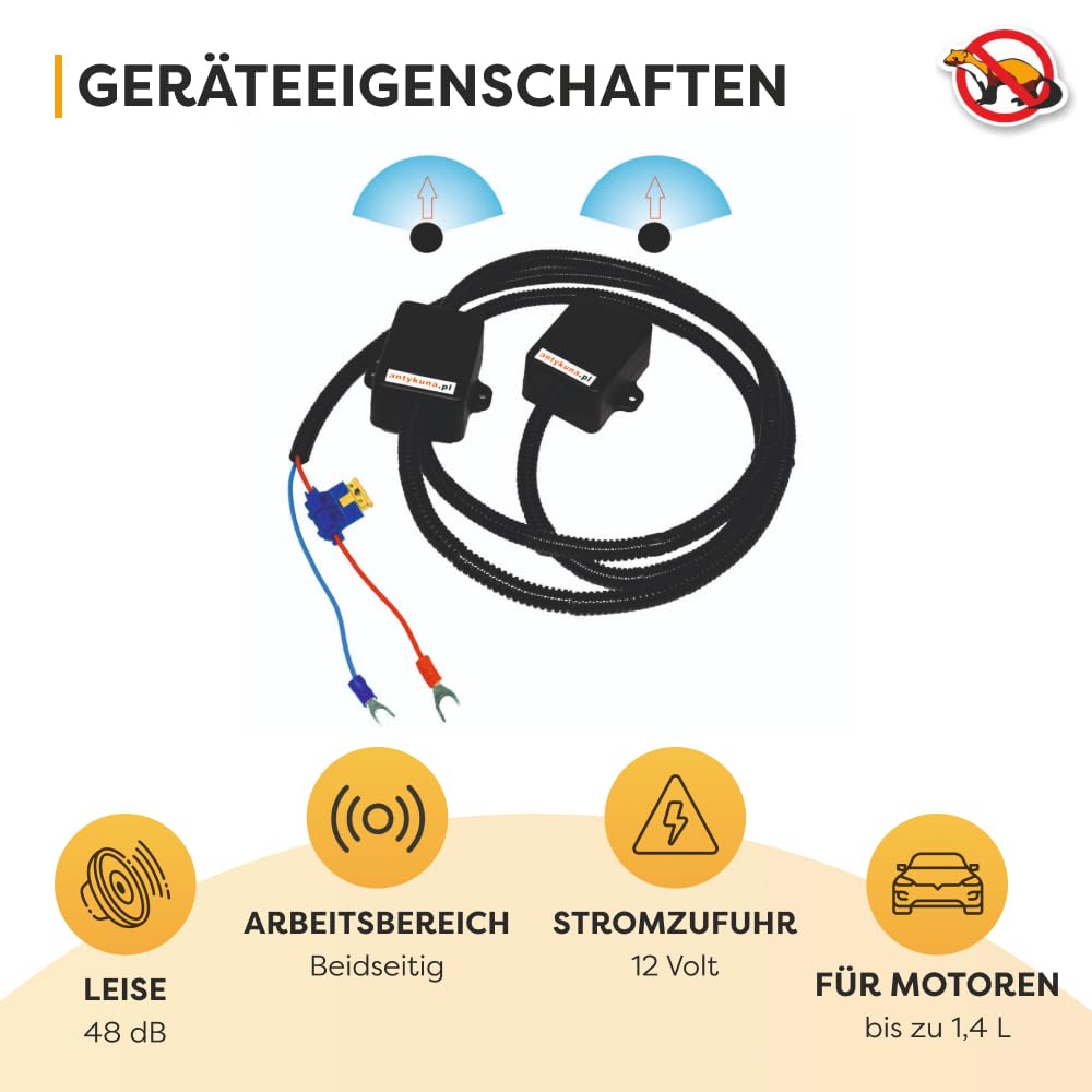 Light&Flash Marderschutz für Auto | Schutz von 2 Seiten des Motors | Energieversorgung / 12 V Stromausgang | Ultraschall Nagetierabwehr