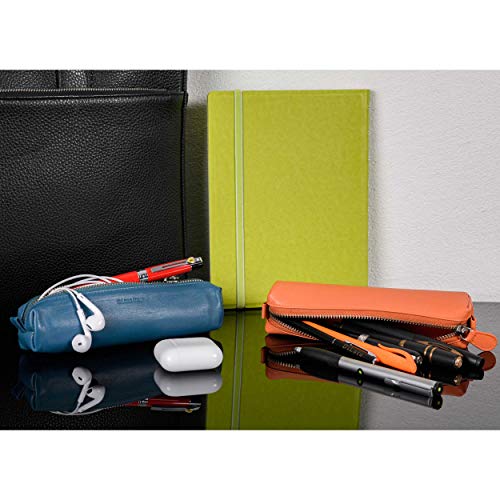 Image of DiLoro Leather Zippered Fountain Ballpoint Rollerball Pens and Pencils Case Holder Pouch Genuine Full Grain Soft Nappa Leather (Sololio Blue)