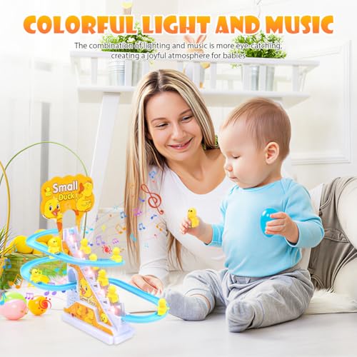 Tutamaz 12 Stück Elektrische Ente Treppensteigen Spielzeug, Enten Achterbahn, Duck Climbing Stairs Toy,Pädagogisches Spielzeug mit blinkenden Lichtern und Musik EIN-/Ausschalter