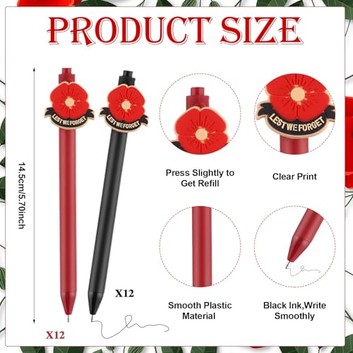 Image of 24 Sets Remember Memorial Day Gifts-24 Red Black Poppy Brooch Pins Lest We Forget Enamel Lapel Pin Veterans Day Memorial Day Lapel Pin Souvenir Brooch Badge, 24 Poppy Ballpoint Pens and Cards