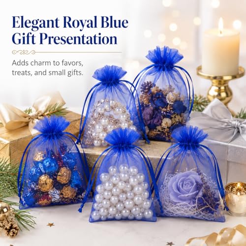 Image of Hopttreely 50 Pcs Royal Blue Organza Bags 4x6 Inch, Premium Mesh Drawstring Gift Pouches for Wedding Christmas Jewelry & Party Favors