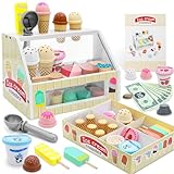 46Pcs Ice Cream Counter Playset for Kids, Wooden Ice Cream Shop Pretend Play Food Kitchen Accessories with Scoop and Fake Money for Toddler Boys Girls Ages 3-8