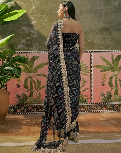 Image of SIRIL Women's Chiffon Scalloped Border Sequins Embroidery Saree with Unstitched Blouse Piece