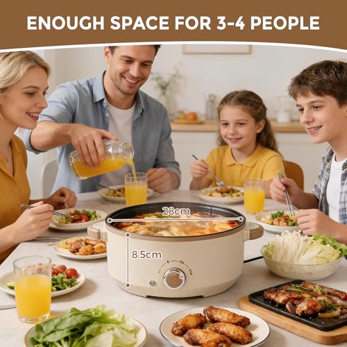 Elektrischer Hot Pot, 4.6L Hotpot Topf mit Dampfeinsatz, 1000W Nudelkocher mit Keramik-Antihaft-Beschichtung, 3 Temperaturstufen & Automatische Abschaltung für Fondue & Eintöpfe – Bild 3