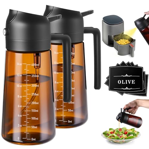 Image of Olive Oil Sprayer & Dispenser for Cooking, 16oz Dark Glass Oil Mister, 2PC | 2-in-1 Oil Sprayer & Pourer, Fine mist, Light-Blocking, Wide Mouth, Easy Refill & Clean, 8 Oil Labels, Reusable, with Scale