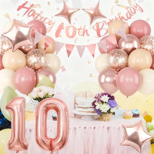 Image of 10th Birthday Decorations for Girls, Retro Pink Double Digits 10 Balloon Set Happy 10th Birthday Banner Cake Topper Dusty Pink Nude Confetti Star Balloons for Boho 10 Year Old Bday Party Decoration