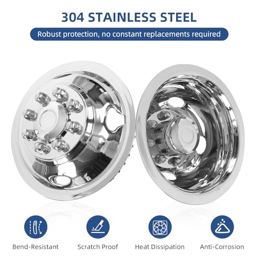 Image of 16 Wheel Simulators,8 Lug Stainless Steel RV Hubcaps,Polished Surface,Snap On Wheel Cover Compatible with1974-2000 GMC 3500, 1974-1998 Ford F350, 2008-2025 E350 /E450 Van, 1974-1999 Dodge Ram 3500