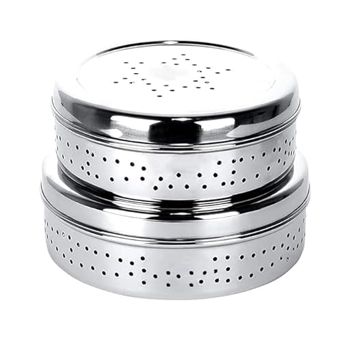 ZenithCart Stainless Steel Green Coriander Storage Box | Hole Puri Dabbas/Flat Canisters | Curry Leaves Box | Sprouts with Air Ventilation Food Container| Steel Utility Container | 300ml & 200ml Set