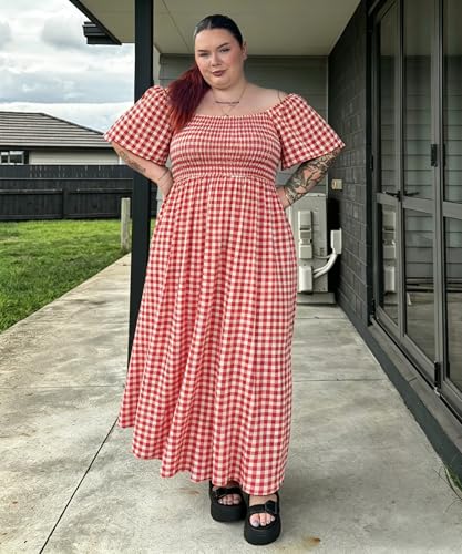 Image of RITERA Plus Size Dresses for Curvy Women Square Neck Short Sleeve Summer Floral Smocked Maxi Dress with Pocket XL-5XL