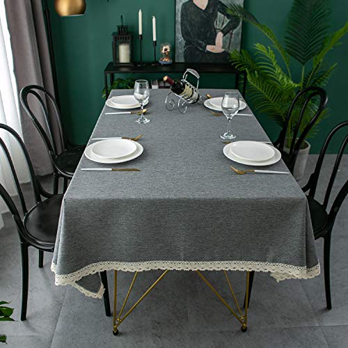EHouseHome Faux Linen Tablecloth with Lace Trim - Waterproof/Spill Proof/Stain Resistant/Wrinkle Free/Oil Proof - for Banquet, Parties, Dinner,Kitchen,Wedding,Coffee,Holiday,Grey Rectangle 60x102Inch