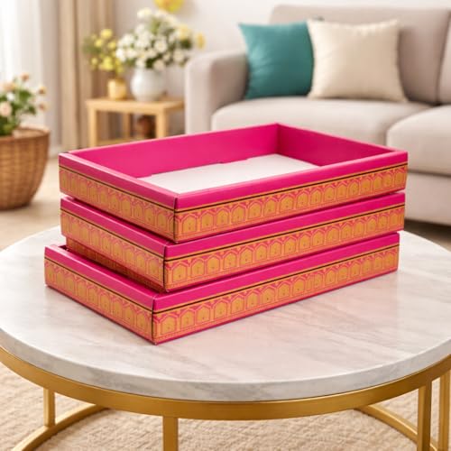 Image of SATYAM KRAFT 6 Pcs Multipurpose Folding Cardboard Gift Box | Premium Paper Hamper Empty DIY Tray for Wedding, Birthday, Gifting, Gift Packaging, Festive Foldable Hampers, Stylish Return Gifts (Without Net) (Dark Pink)