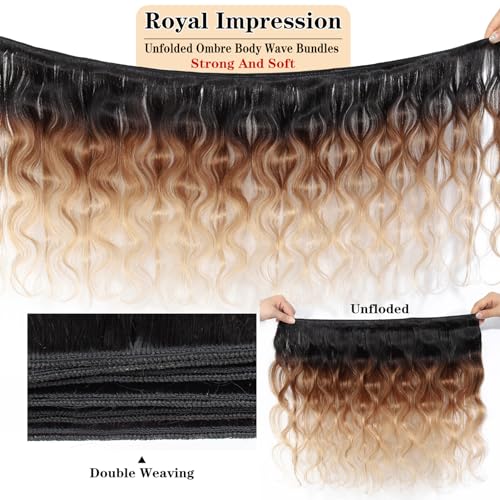Image of 16A Ombre Body Wave Bundles Human Hair (T1B /30 /27,22 inch 22 inch 22 inch) 100% Real Human Hair 3X Longer Lifespan 100% Unprocessed Brazilian Virgin Hair Ombre Brown Body Wave Human Hair Weave Bundles