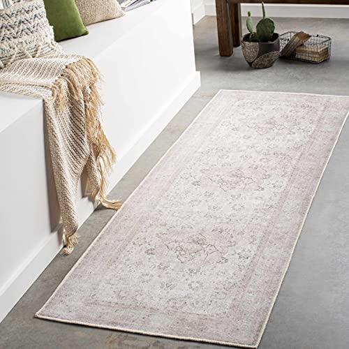 Bethany Traditional Medallion Hallway, Entryway Neutral Runner Rug - Machine Washable - Vintage Distressed Faded - Boho Bohemian Carpet - Beige, Light Pink, Green - 2'7