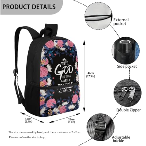 Suobstales Flower Pattern Backpack for Girls Boys With God All Things 3 In 1 School Bookbag Set with Lunch Bag and Pencil Case Large Capacity Schoolbags Casual Back Packs Satchel Teens Rucksack2
