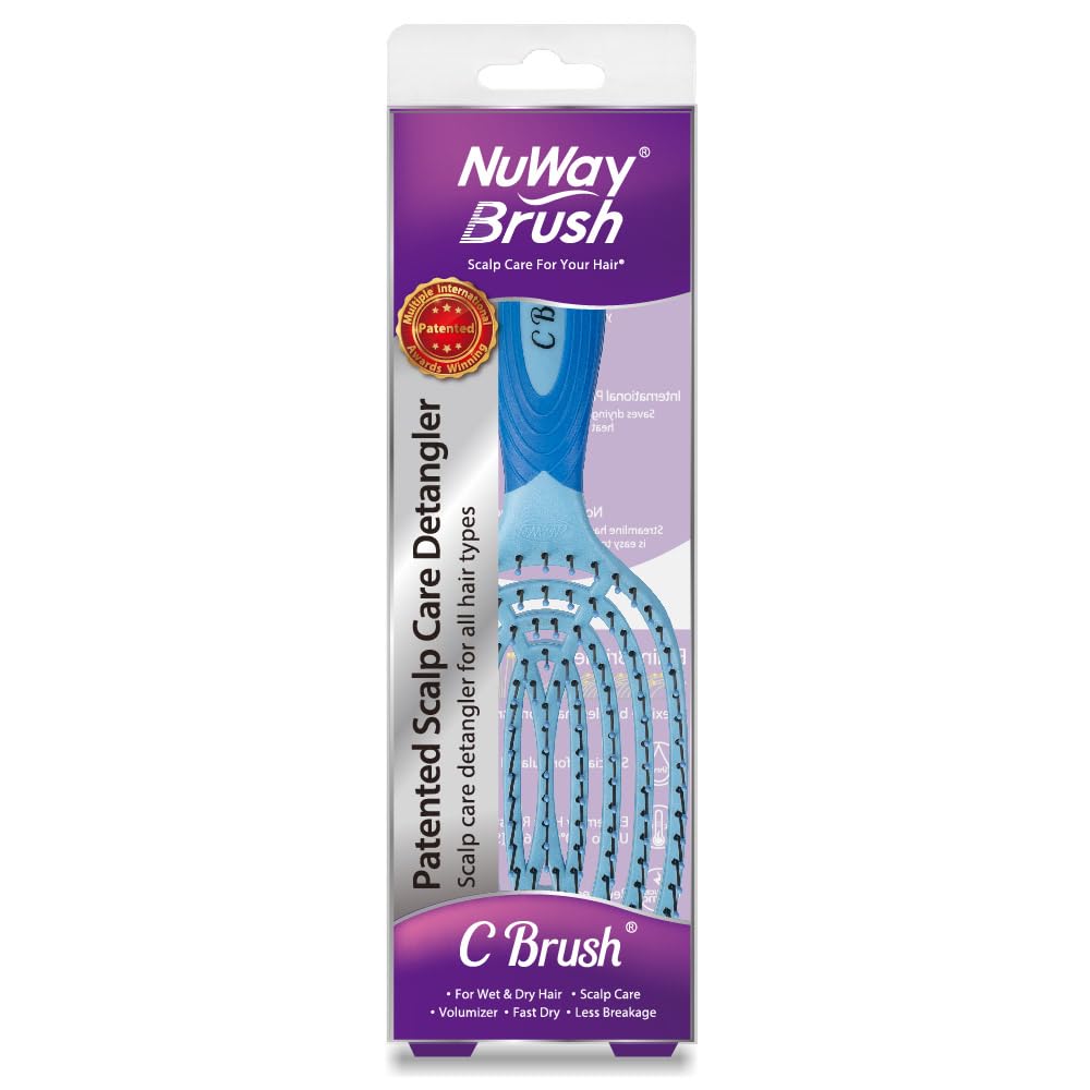 NuWay® C Brush® - Cepillo patentado para el cuidado del cuero cabelludo, diseño curvado ergonómico para un masaje suave del cuero cabelludo, peinado en seco y cabello húmedo o seco (azul cielo)