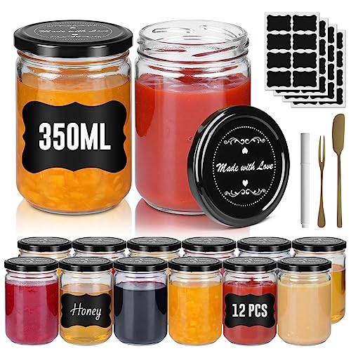 Kuro-sagol Marmeladengläser 350ml Einmachgläser mit Schraubdeckel 12er Set Einweckgläser Mit Etiketten & Stift Einmachglas für Hausgemachte Marmelade Gelee, to Ø 73 mm Schwarz Deckel