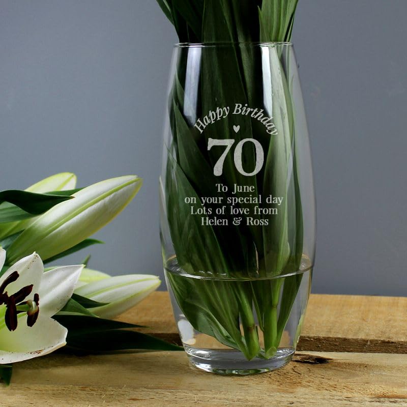 Personalised Happy 70th Birthday Bullet Glass Decorative Vase - 70th Birthday Gift for Him or Her