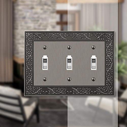 Image of Amerelle 43TTTAN English Garden Wallplate, 3 Toggle, Cast Metal, Antique Nickel, 1-Pack