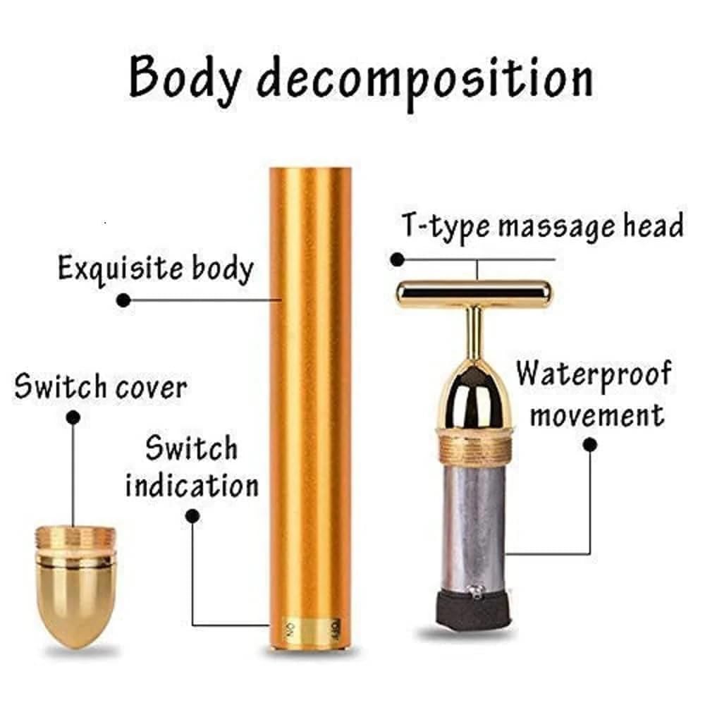 PREZONE 24k Gold Energy Beauty Bar Electric Vibration Facial Massage Roller Waterproof Face Skin Care T-Shaped Anti Wrinkle Massager for Forehead Cheek Neck Clavicle Arm (Gold Colour) 3