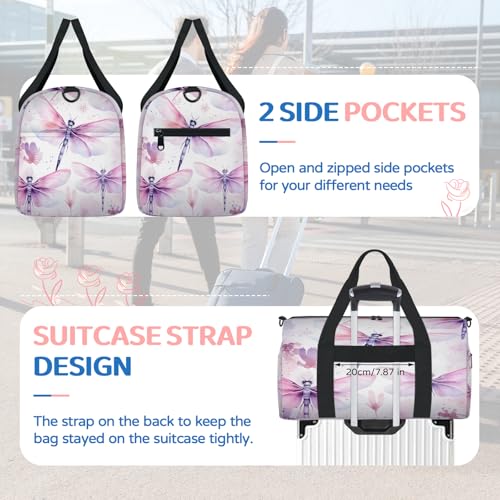 Watercolor Dragonfly Sports Duffle Bag for Women Men Waterproof Overnight Weekender Bag with Adjustable Strap Travel Tote Bags for Beach Yoga Work Dance Swim4