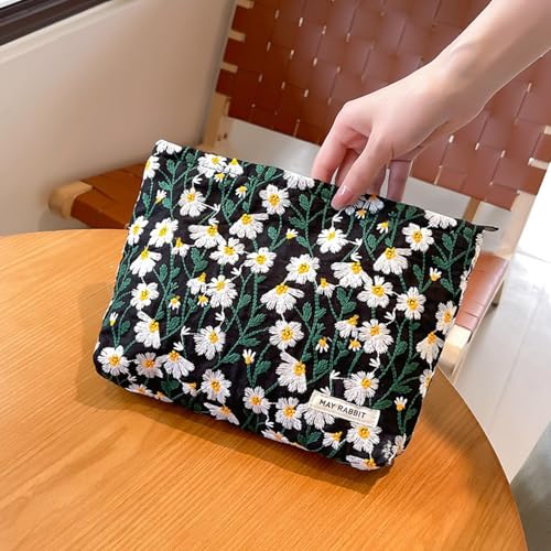 Embroidered Floral Makeup Bag - Travel Cosmetic Organizer for Women, Canvas Zipper Pouch for Toiletries2