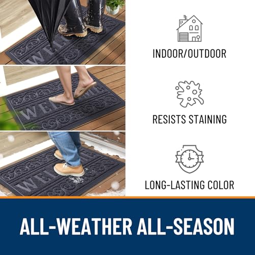 Image of OLANLY Welcome Door Mat Indoor Outdoor Entrance, Heavy Duty Sturdy Front Door Mat, Waterproof All-Weather Doormat, Stain Resistant, Low Profile, Easy Clean Patio Entryway Mat, 29.5 x 17, Medium Grey