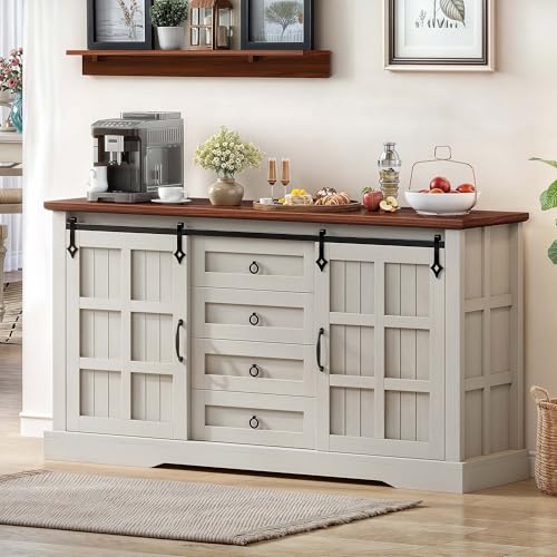 DWVO 59" Kitchen Storage Cabinet, Sideboard Buffet Cabinet with Storage, Sliding Barn Doors and 4 Drawers for Living Room/Kitchen, White Oak