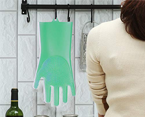 Magic Washing Gloves, Reusable Silicone Dishwashing Gloves With Scrubbers For Kitchen, Bathroom Cleaning, Pet Hair Care, Car Washing（1 Pair, 2 Gloves, Green） #TOP4