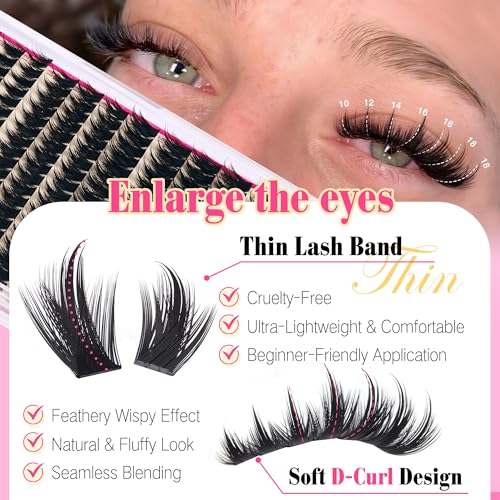 Image of Lash Clusters with Spiky Lash Clusters Kit Volume Clusters Eyelash Extension 10-18MM Thick Individual Lashes D Curl Cluster Eyelash Extensions with Lash Brush3D DIY Lash Extension at Home (No Glue)
