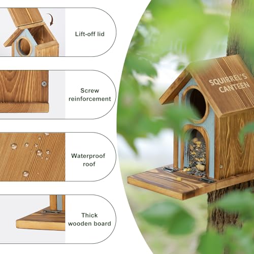 MIXXIDEA Wooden Squirrel Feeder, Large Capacity Squirrels Feeders for Outside, Sturdy Construction, No Assembly Lovely Chipmunk Feeder for Corn, Peanut, Nuts, Chestnuts (Brown-1pk)