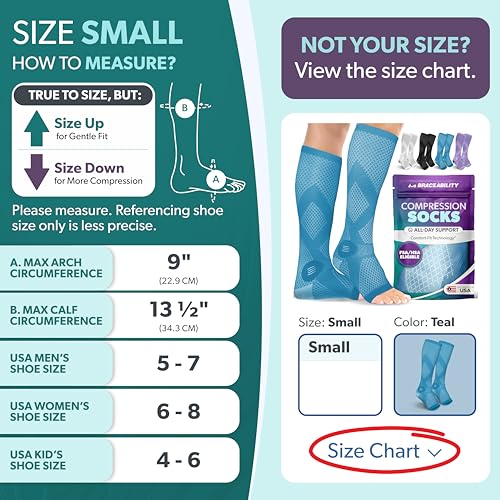 Image of BraceAbility Compression Socks for Circulation - 20-30 mmHg Knee High Neuropathy Open Toe Stockings for Varicose Veins, Swelling, RLS, Medical Toeless Support for Men or Women - 1 Pair (S - Teal)