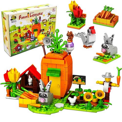 JUNQIU 12 in 1 Bunny Carrot House Building Blocks Farm Sets - Farm Animals Toys for Kids 3+