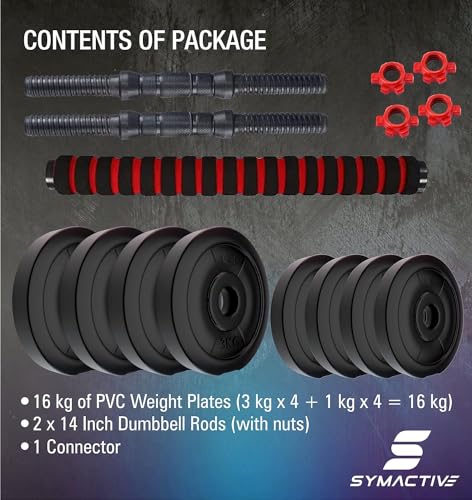 Image of Amazon Brand - Symactive PVC 16kg 3 | in | 1 Convertible Dumbbells Kit for Full Body Workout (1 Kg x 4 + 3 Kg x 4 PVC Weight | 14'' Dumbbell Rods Pair & Nuts | 1 Cushioned Connector Rod) | ‎44.5L x 23W Cm