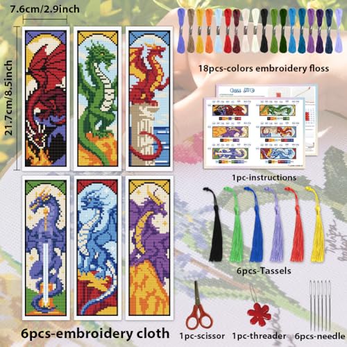 Image of ACRNIGHEET 6PCS Cross Stitch Bookmark Kit for Beginner Dragon Stamped Cross Stitch Kits Needlepoint Kit for Adults DIY Tassel Embroidery Bookmark Kits with Instructions Craft Gift 8.5''x3'' 11CT