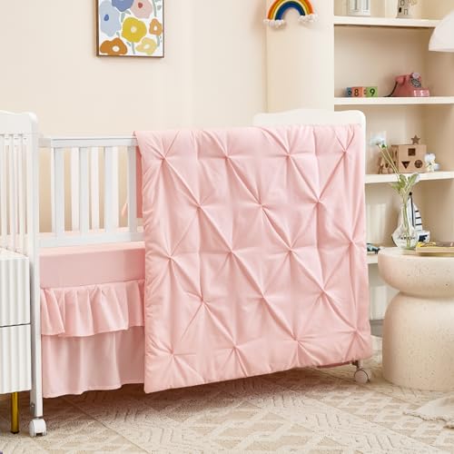 Image of NacoMoco 3-Piece Pink Crib Bedding Set for Girls - Ultra Soft & Skin Friendly Baby Girl Bedding Crib Set Includes Crib Comforter, Sheet & Skirt (Light Pink)