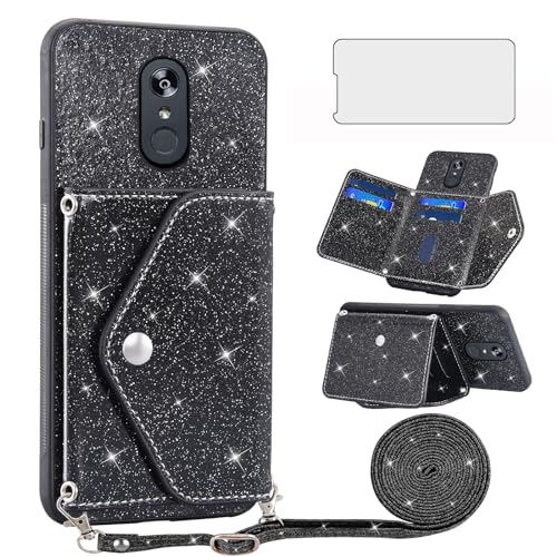 Asuwish Phone Case for LG Stylo 4 Wallet Cover with Tempered Glass Screen Protector and Crossbody Strap Bling Glitter Card Holder Stylo4 Plus LGstylo4 Sylo4 Style 04 4+ Q Stylus Alpha Stlo4 Black