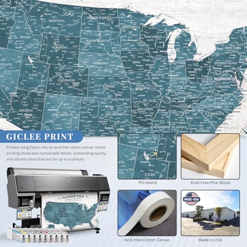 Image of IPIC - Antique Blue USA Travel Map, Pin Board Canvas Wall Art, Travel Map with Pins Included, Ready to Hang for Home or Office, 40x30 Inch