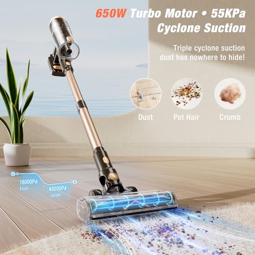Image of PEDOOLO Cordless Vacuum Cleaner, Upgraded 650W 55KPA 70Mins Vacuum Cleaners for Home, Self-Standing Stick Vacuum, Wall Mount Charge & Touch Screen, Anti-Tangle for Pet Hair Carpet Hardwood Floor Car
