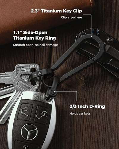 Image of FEGVE Titanium Key Clip with Side Push Key Ring & 2 /3″ D Ring for Car Key | Gr5 Titanium, Lightweight Rustproof, Anti-deform Integrated Spring Clip, Nail-Safe Side Push Ring, Thick-Key D-Ring