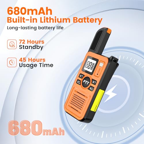 Image of Super Mini Walkie Talkies with Earpiece, Portable 2 Way Radios | Clear Audio, LED Display, 22 Channels, 2KM Range, Walkie Talkies for Cruise Ship, Hiking, Travel, Outdoor, Baseball, Orange