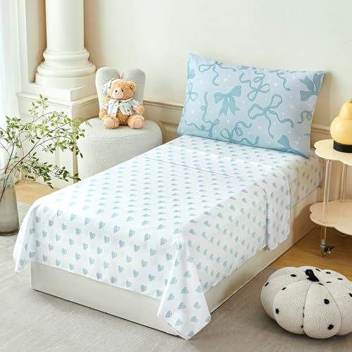 Image of PERFEMET 4 Pieces Light Blue Toddler Comforter Set for Girls, Reversible Blue Bow Printed Toddler Bedding Sets with Sheets, Ultra Soft Lightweight Baby Girl Bed Set for All Seasons