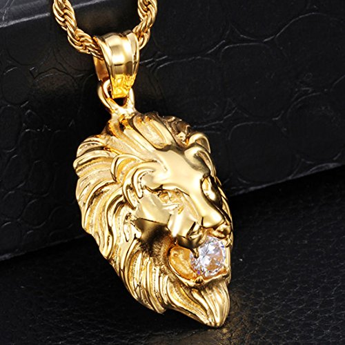Jewelry Kingdom 1 Mens Necklace Lion Pendant Necklace, Bigger in Size, Silver Plated Stainless Steel, 3PCS Shiny CZ Diamonds, Comes with Rope Chain 24”and in a Gift Box3