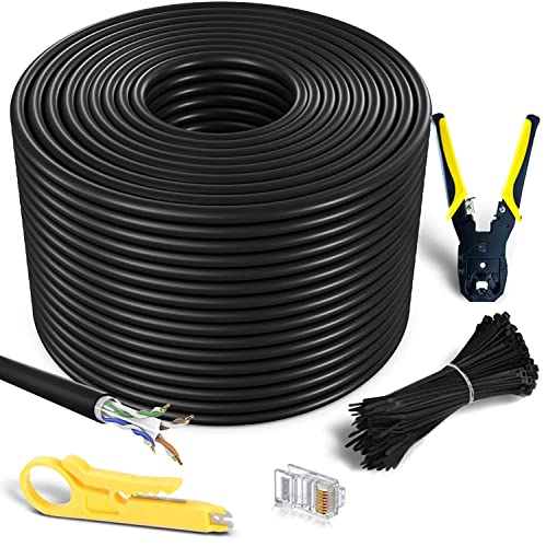 Image of MutecPower Multi Cable 200M Cat6 Outdoor Waterproof Direct Burial Ethernet Network Cable - Utp - Cca - 250 Mhz - Black 200 Meter with Crimping Tool Rj45 Connectors and Cable Ties