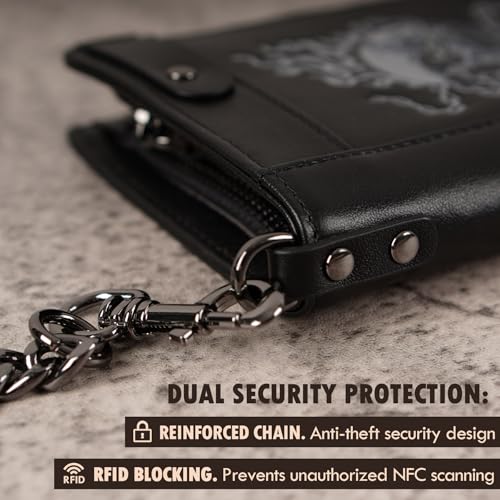 Mens Leather Wallet With Chain Skull Bifold Wallets Zipper Coin Pocket Rfid Blocking Gift For Him Husband (black)3
